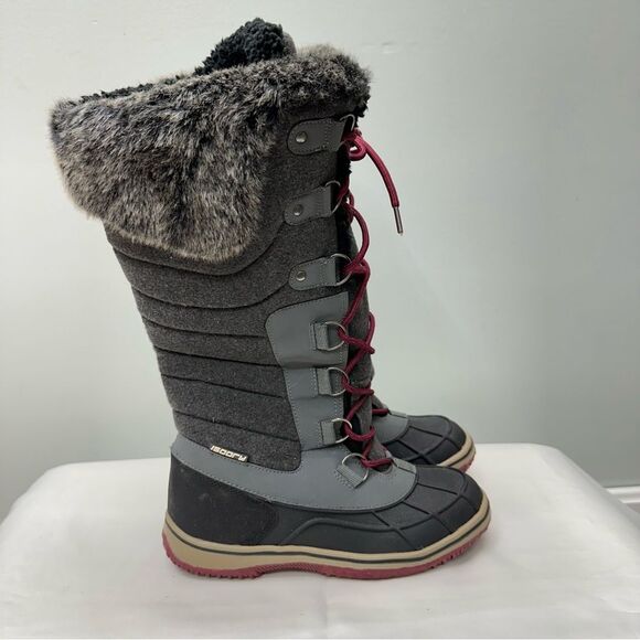 Lace up tall winter boots black grey maroon women's 7 frozen isogrip - Picture 3 of 7